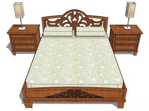 新中式双人床 实木双人床 双人床 床su模型