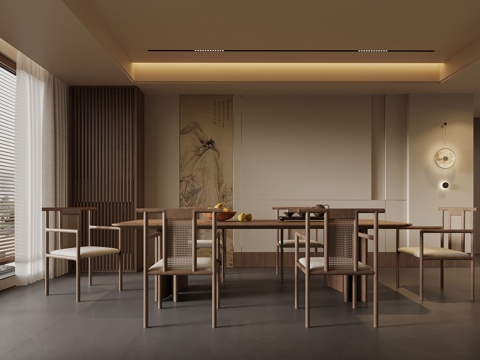  新中式餐厅 餐桌椅 背景墙3d模型 