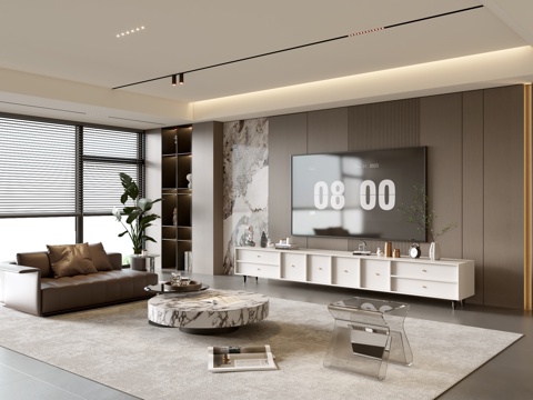 意式客厅 意式电视背景墙 电视柜 沙发茶几组合 电视一体柜su模型