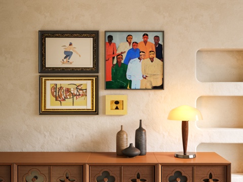 现代法式复古中古装饰画 组合画 多巴胺装饰画 中古风台灯su模型