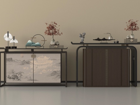 新中式端景台 玄关柜 边柜 装饰柜 摆件su模型