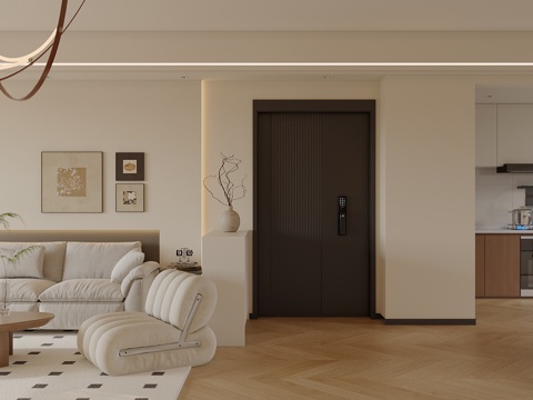  奶油客餐厅 现代客餐厅 开放式厨房 岛台餐桌3d模型 