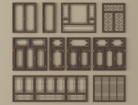 新中式镂花窗 雕花窗户 花格木窗 园林花窗 镂空花格窗su模型