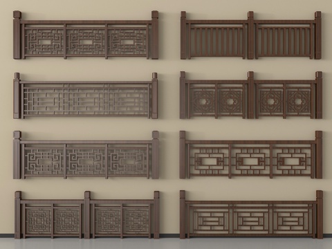 新中式围栏护栏 栏杆 木栏杆 楼梯栏杆su模型
