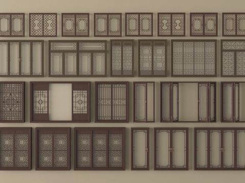 新中式镂花窗 雕花窗户 花格木窗 园林花窗 镂空花格窗 折叠su模型