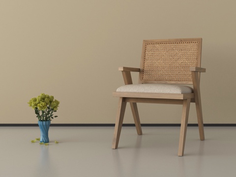 侘寂中古风藤编椅 实木休闲 扶手椅 单椅su模型