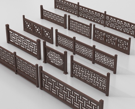 新中式围栏护栏 栏杆 木栏杆 楼梯栏杆su模型