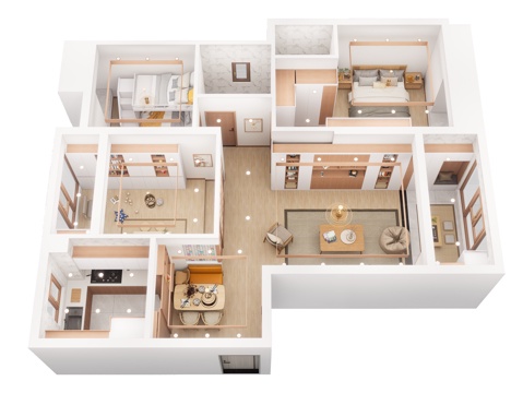 日式整体家装鸟瞰 样板房 日式家装风格 日式挂画 整体家具su模型