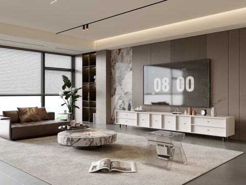 意式客厅 意式电视背景墙 电视柜 沙发茶几组合 电视一体柜su模型