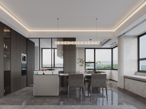  意式轻奢岛台餐厅3d模型 