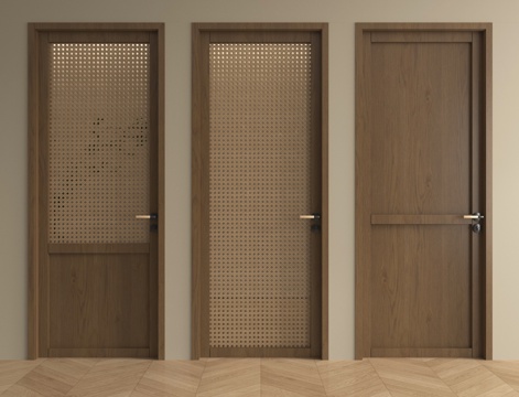 侘寂风实木门 单开门 卧室门 藤编门su模型