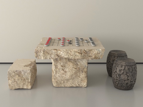 新中式户外石桌椅  象棋桌 景观桌椅su模型