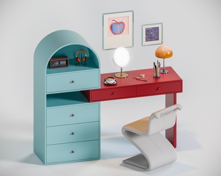 现代奶油风梳妆台su模型