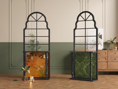 法式海棠玻璃实木屏风入户玄关隔断su模型