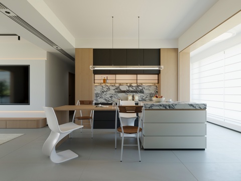  餐厅 现代餐厅 意式岛台餐厅 极简餐厅 餐边柜 岛台餐桌椅3d模型 