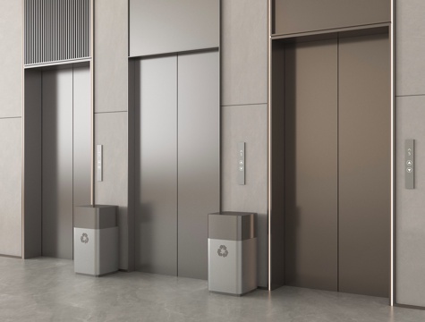  现代电梯间 升降梯 升降按钮 垃圾桶 不锈钢电梯3d模型 