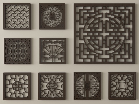 新中式镂花窗 仿古镂花窗 雕花窗户 花格木窗su模型