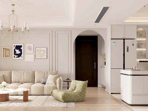  法式奶油风客餐厅3d模型 