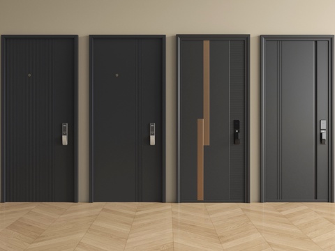 现代防盗门组合 入户门 单开门 平开门 指纹锁门su模型