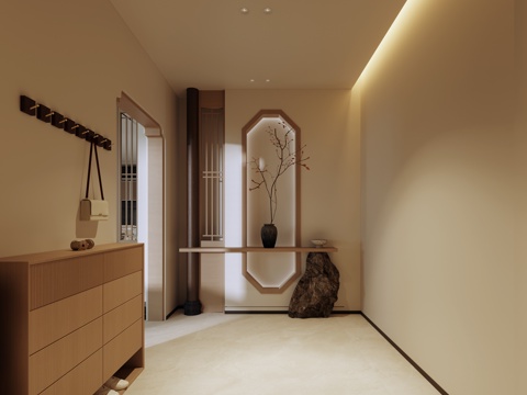 中式玄关 宋式隔断 鞋柜 端景台造景su模型