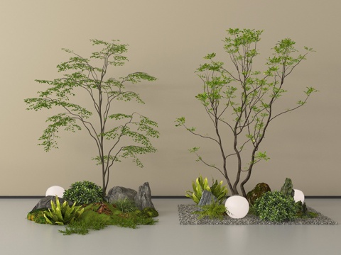现代庭院小品 室内景观 植物组合 庭院景观 景观树 石头su模型