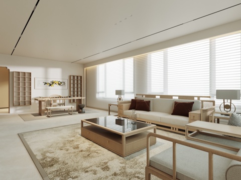 极简中式别墅客餐厅 茶室 楼梯扶手 木质圆形餐桌 木质沙发茶su模型