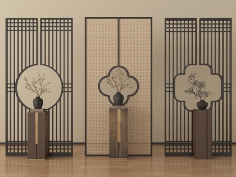新中式屏风 隔断 玄关屏风隔断 实木格栅su模型