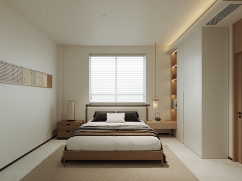 宋式卧室 装饰挂画 窗帘 衣柜 床头柜 木质床su模型