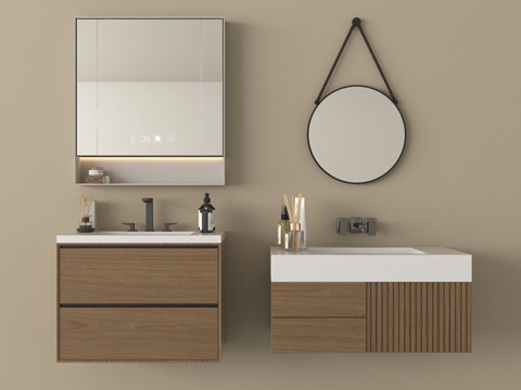 现代浴室柜 悬空浴室柜 镜子 洗漱台su模型