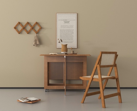 侘寂风书桌椅组合 木材 挂画su模型