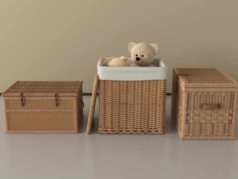 现代编制竹篓组合 藤编脏衣篓 收纳筐竹筐su模型