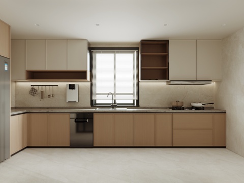 新中式厨房 冰箱 L形橱柜 直饮机 煤气灶 洗碗机 封闭式厨su模型