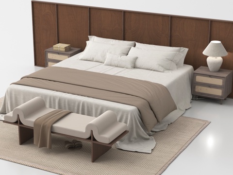 中古双人床 床头柜su模型