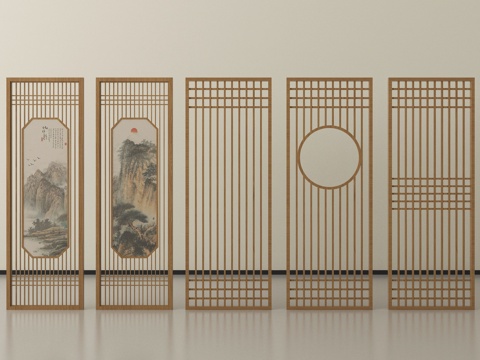 新中式花格 屏风隔断 格栅屏风隔断su模型