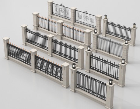 新中式围墙 景墙 小区围墙 铁艺围墙su模型