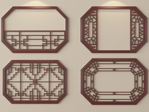 新中式镂花窗 仿古漏窗 窗花 镂空窗格 景墙花格窗su模型