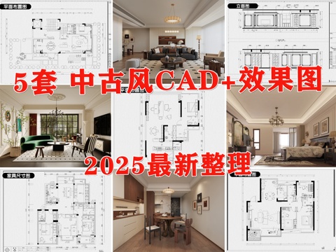 样板间 中古风家装 大平层 中古风别墅 家装户型图cad施工图