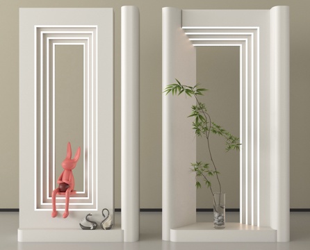 现代奶油风玄关隔断 入户玄关su模型