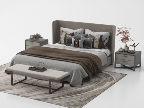 现代双人床 床头柜su模型