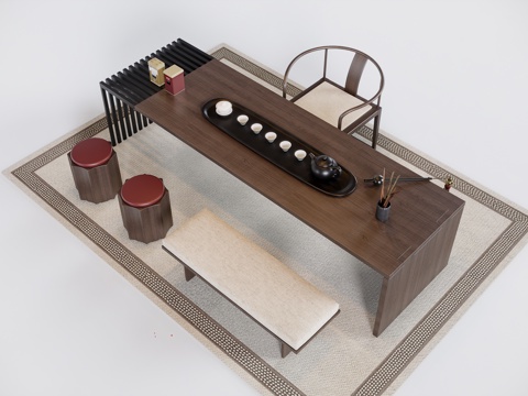 新中式茶桌组合su模型