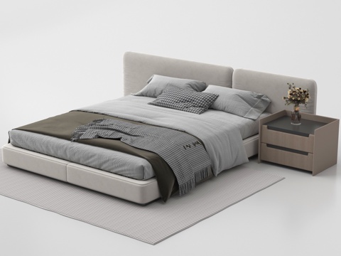 现代双人床 床头柜su模型