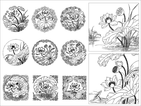 中式传统莲花纹样cad施工图