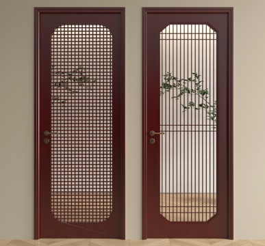 新中式门 格栅门 玻璃门 平开门su模型
