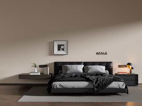 现代意式双人床 皮质双人床 床头柜 挂画 地毯su模型