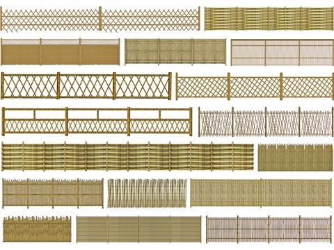 中式竹篱笆 木栏杆 木栅栏 木围栏格栅 竹子木护栏 乡村篱笆su模型