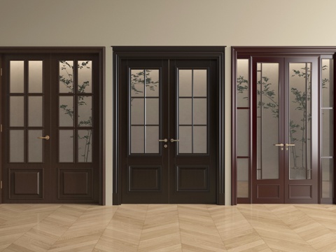 中古风门组合 对开门 玻璃门 厨卫门 阳台门su模型