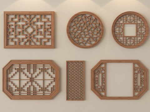 新中式镂花窗 仿古漏窗 窗花 镂空窗格 景墙花格窗su模型