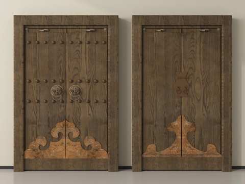 中式实木大门 双开门 别墅大门 庭院门su模型