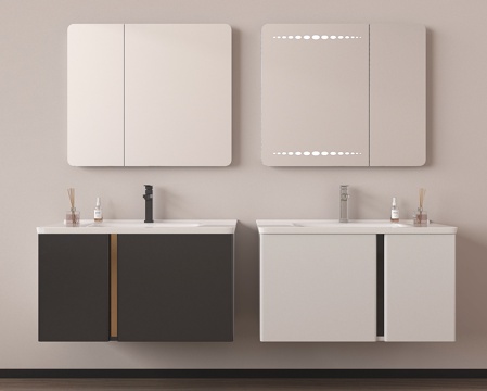 现代奶油浴室柜 洗手台洗手柜 悬空浴室柜 镜柜su模型