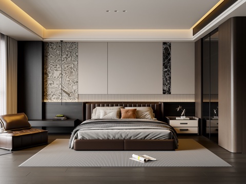 现代意式卧室 皮质双人床 床头柜 吊灯 休闲椅 地毯su模型